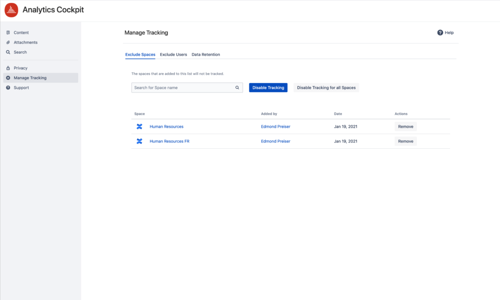 How to navigate "Manage Tracking" on Viewtracker - Analytics for Confluence.