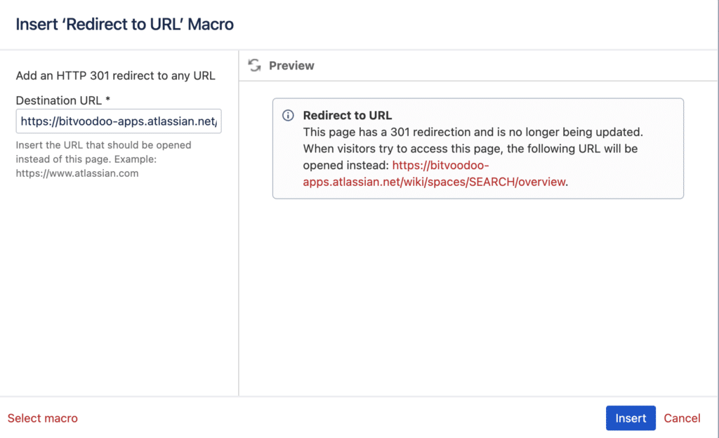 Working with "Redirect to URL" macros using Redirect for Confluence.