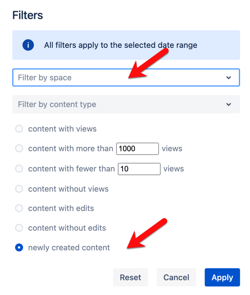 How to find new content that you might have missed on Viewtracker: Go to "filter by space" and select "newly created content".