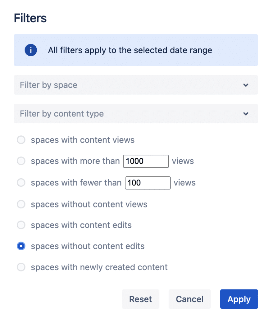How to find unused spaces on Viewtracker: Filter for “spaces without content edits”.