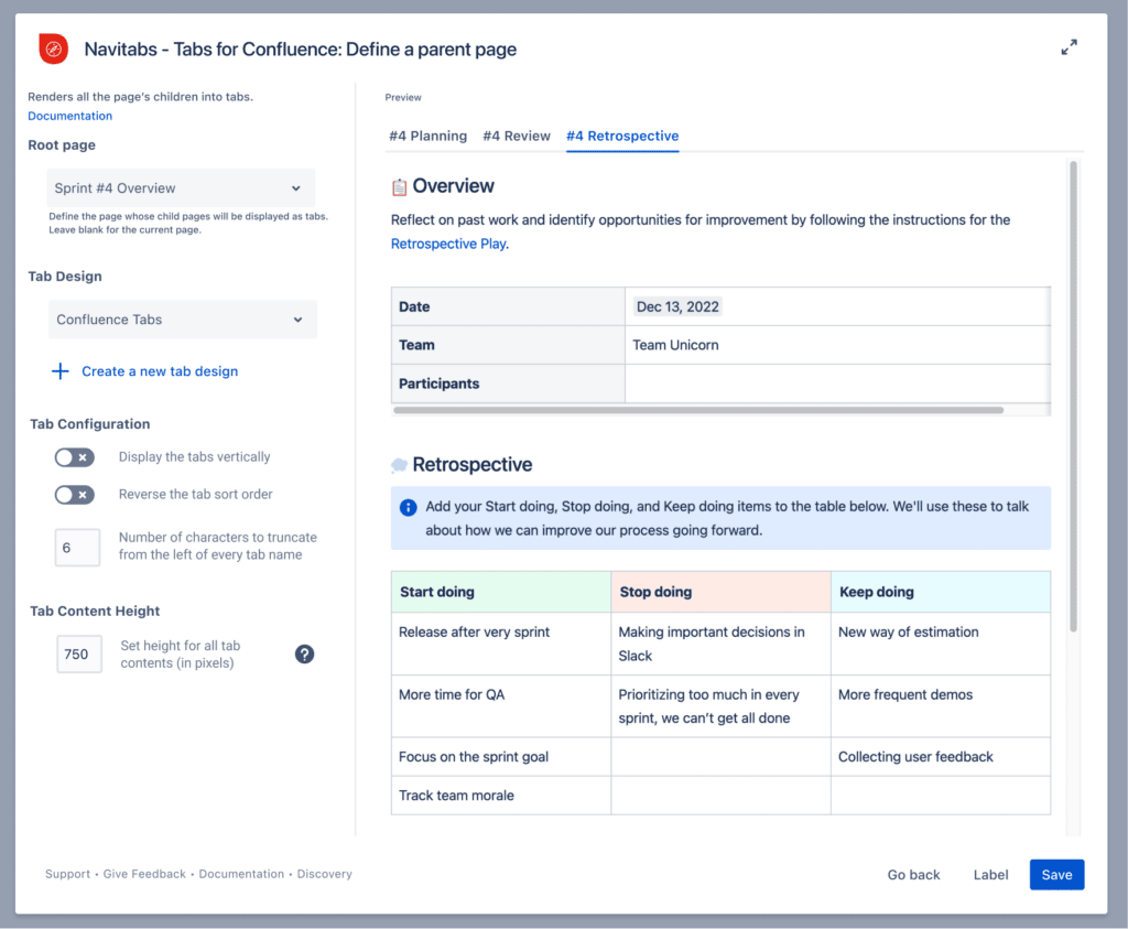 Interface to define a parent page and display the children's content as tabs.