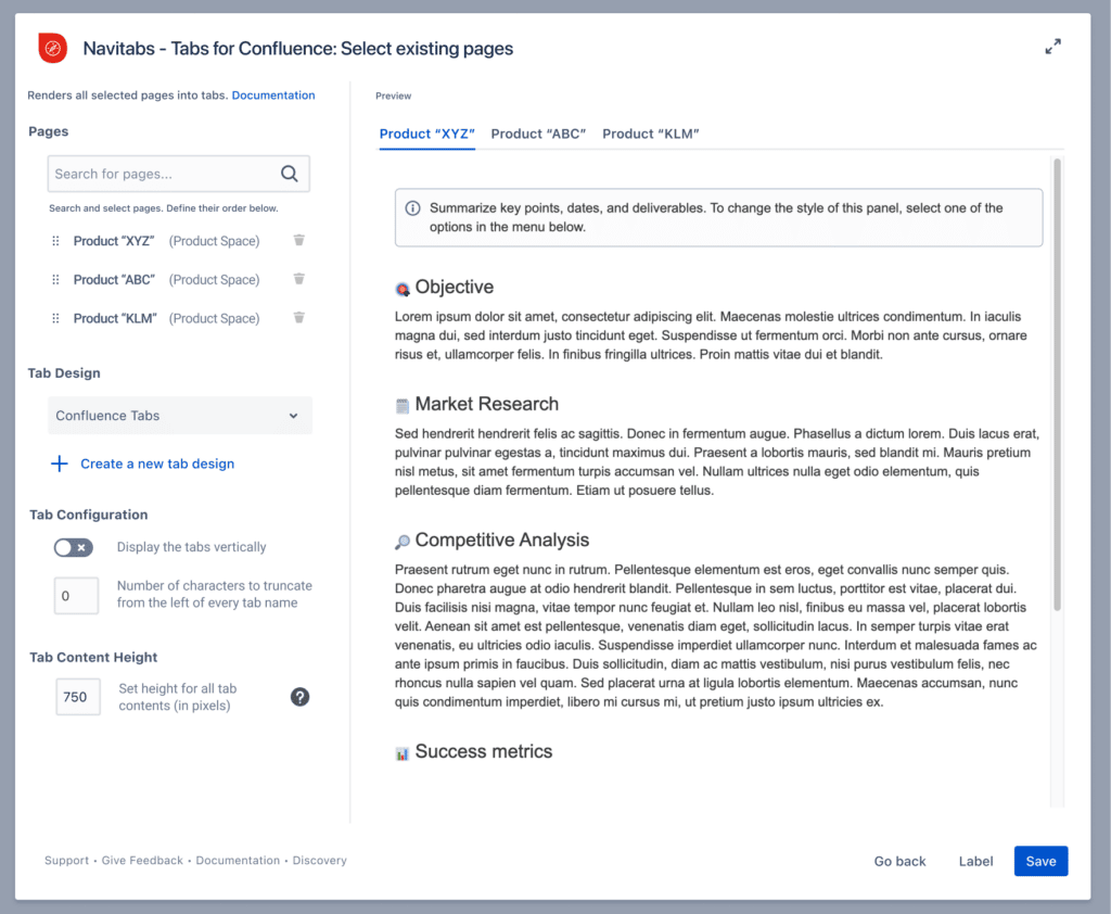 Interface to select existing Confluence pages and display their content as tabs.