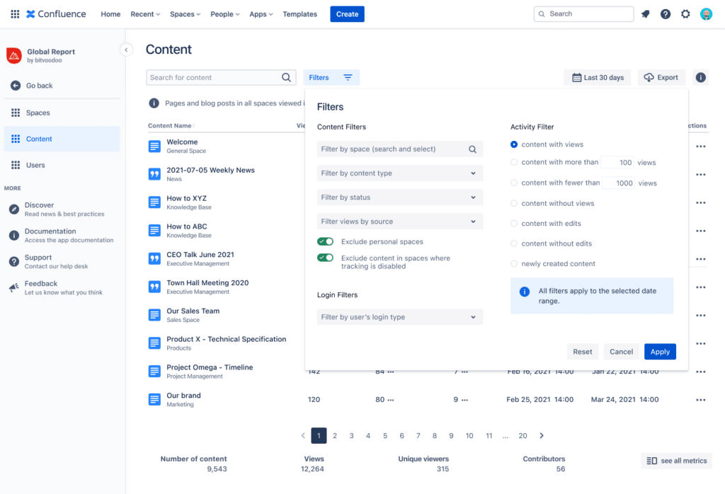 Content & Usage Report table filter options